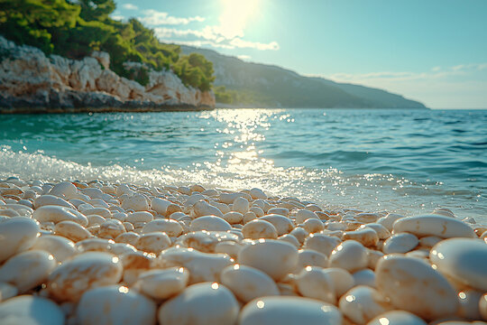 Smooth white pebbles glisten in warm sunlight at the edge of a calm turquoise sea, with gentle waves, rocky coastline, and pine trees under a clear summer sky.
