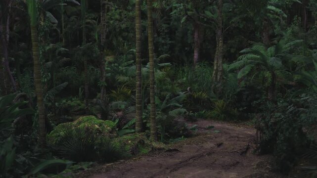Twilight woodland trail under dense canopy, soft fading light, silhouettes of trunks, mossy banks and scattered ferns create moody cinematic atmosphere.