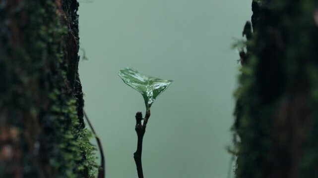 Close-up of a small green leaf growing in the gap between tree trunks