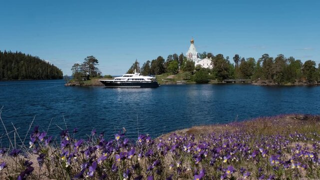 Tripod shot of St. Nicholas Skete of Valaam Monastery with yacht next to it (in focus) and blooming mountain violets (out of focus) on sunny summer day. Ladoga lake, Karelia, Russia.