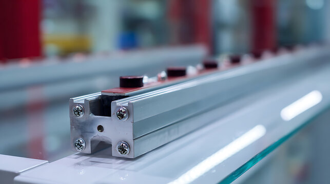 Close up view of precision industrial aluminum profile with fasteners and red components, essential for modern manufacturing systems