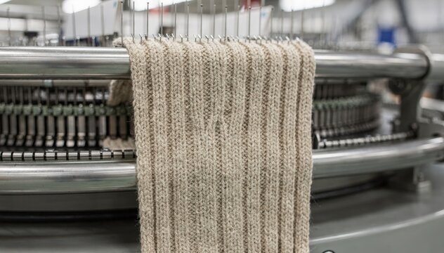 Detailed medium shot of automated knitting equipment producing 2x2 ribbed hems highlighting smooth alternating knit and purl patterns enhancing fabric elasticity and comfort.
