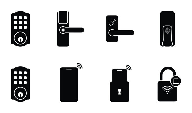 Set of 8 Smart Lock and Keyless Entry Icons Vector for Home Security and Access Control