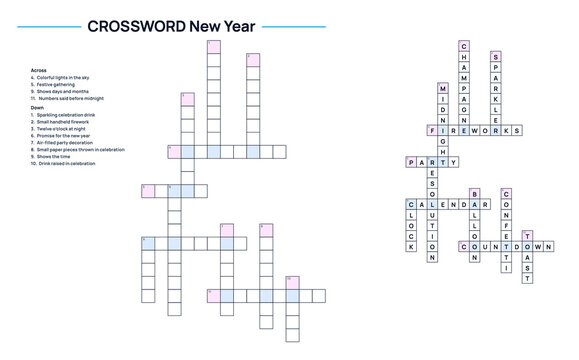 Crossword puzzle template for New Year with empty spaces and clues  