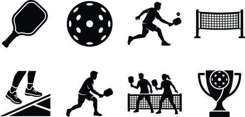 Pickleball sport icons set equipment players and competition © @rayan_rahaman