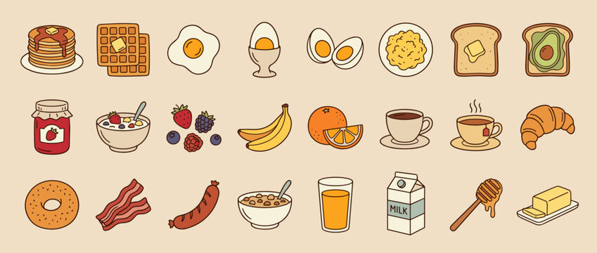 Cute Breakfast Food Icons Collection Flat Design Style