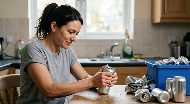 Woman crushing aluminum cans by hand at kitchen table. Household recycling and waste management concept. Blue bin with crushed metal containers