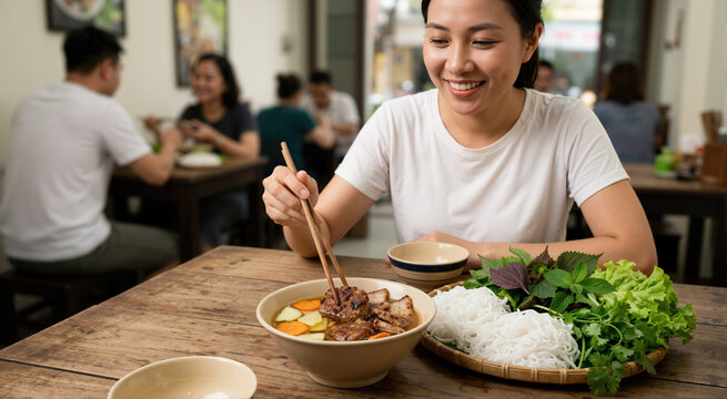 Vietnamese woman eating bun cha in a restaurant. Traditional noodle dish with grilled pork and herbs