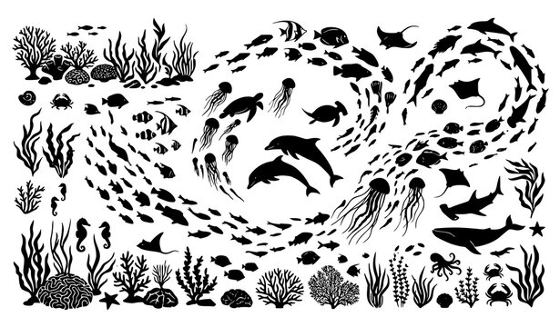 Underwater silhouettes vector ocean coral seaweed marine animals set