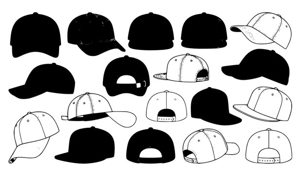 Modern baseball cap vector mockup set with blank snapback hats in different angles and colors illustration