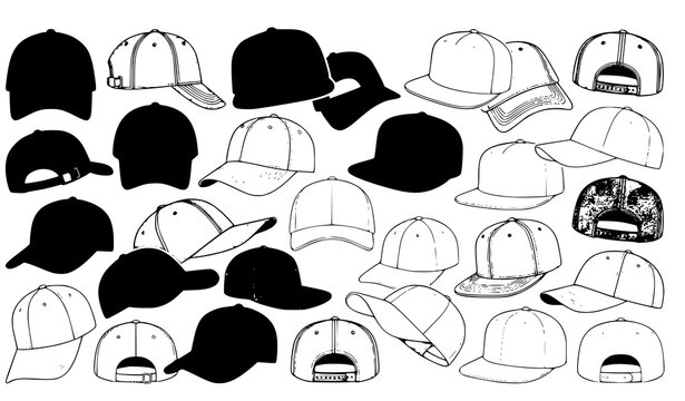 Baseball cap vector template set with blank snapback hats in multiple angles for mockup display collection