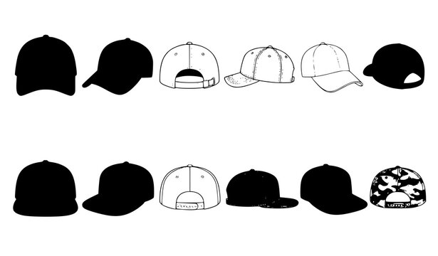 Minimal baseball cap mockup collection with blank snapback hats in multiple views vector template set
