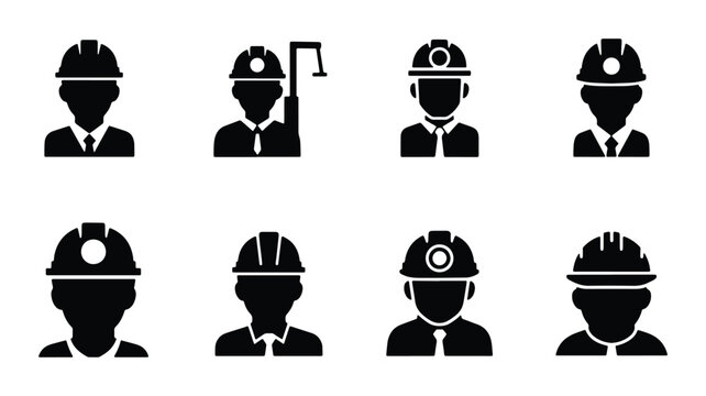 Set of 8 construction worker icons vector, industrial safety helmet silhouette for business and industry