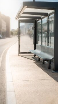 Modern empty bus stop shelter on city street