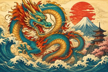 Obraz premium Majestic blue dragon emerges from crashing waves near Mount Fuji and pagoda