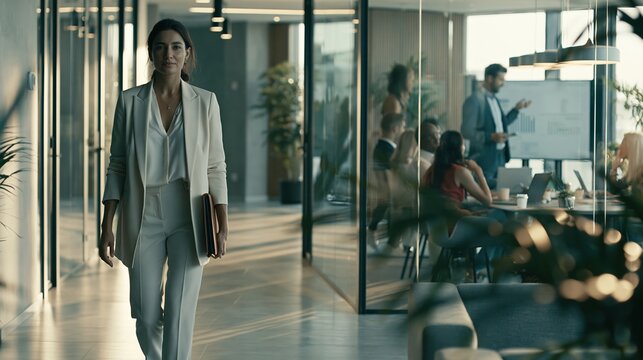 Cinematic Steadicam Tracking Shot of Elegant Businesswoman Walking Through Modern Office