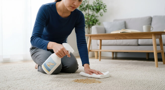 Woman cleaning a brown stain on a beige carpet with a spray bottle and white cloth. Female doing domestic housework in a modern living room