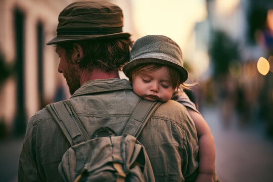 Tired young child sleeping on a parent's shoulder during a summer evening, representing family travel, childhood fatigue, parenting care and tender vacation moments