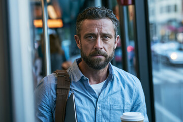 Obraz premium Serious man with coffee looking out a window during commute, representing work stress, urban travel, morning routine and thoughtful loneliness