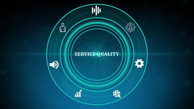 Futuristic blue digital interface HUD with circular infographic and icons surrounding the words quality assurance, suggesting software testing, security, process control, and analytics.