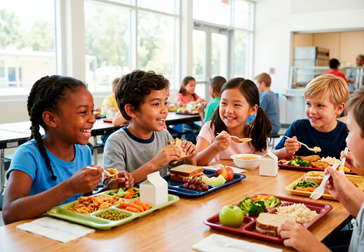 Diverse group of elementary school children eating lunch together in a bright cafeteria. Happy kids enjoying healthy meals and talking at a table