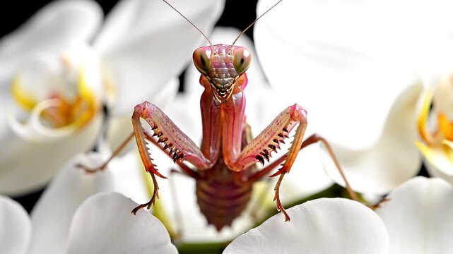 Pink Orchid Mantis Camouflage on White Flower Petals Macro View