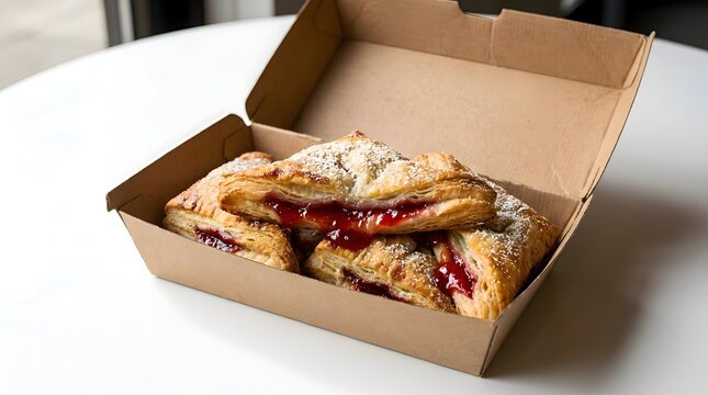 Freshly baked berry jam pastries with a flaky golden crust and powdered sugar, presented inside a brown cardboard takeout box on a clean white surface for food delivery and takeaway.