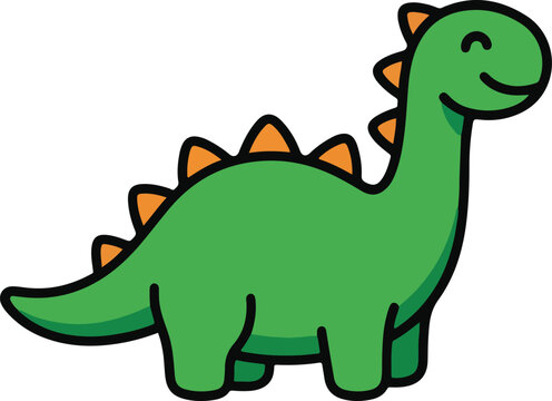Cute cartoon green dinosaur vector illustration, smiling baby brontosaurus with orange spikes standing isolated on white background