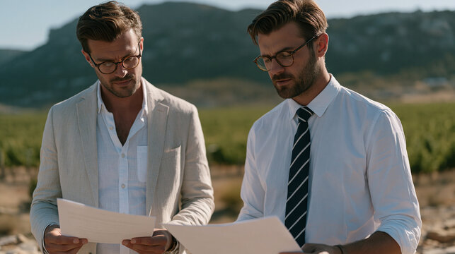 Two adult brothers reviewing separate legal documents at opposite ends of inherited family vineyard property, business conflict outdoors, harsh midday sun, rolling agricultural landscape, estate con