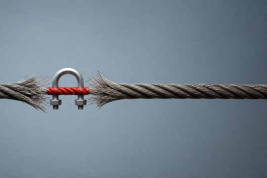 Broken wire rope repaired with cable clip on gray background for industrial maintenance and safety concepts