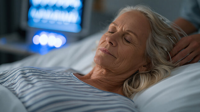 Sleep research technician attaching electroencephalography sensors to a sixty-five-year-old female volunteer reclining on a clinical sleep study bed, polysomnography equipment glowing, aging sleep q