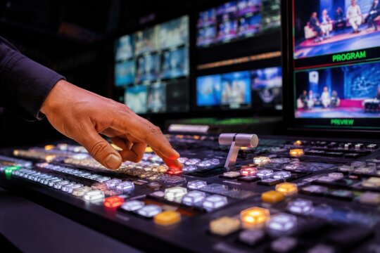 Close-up of a hand operating a professional video production switcher in a control room