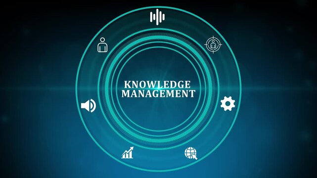 Digital knowledge management design and futuristic user experience concept infographic, Glowing circular dashboard with business, technology, icons and integrated network. optical light background..
