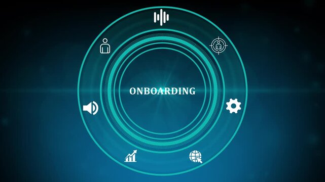 interacting with onboarding interface showing team and workflow representations in a futuristic style.Employee onboarding network animation with glowing data connections and optical technology icons,