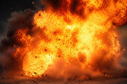 Massive fiery explosion with debris flying outwards against a dark background