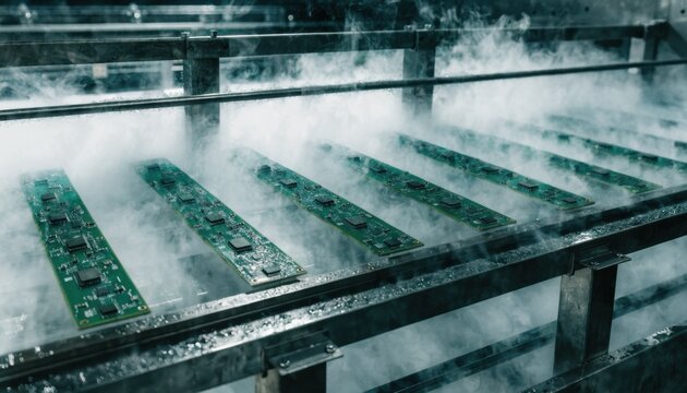 Medium frame showing vapor phase reflow oven process with circuit boards passing through saturated vapor zones highlighting uniform heat distribution on electronic components.