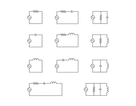Different types of electric circuit isolated on white background (RC, RLC and RLC). 
