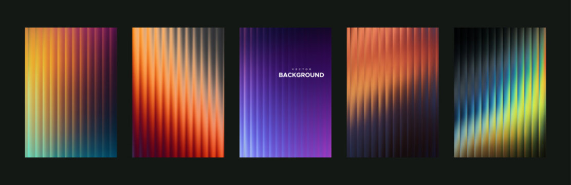 Minimalist aesthetic design templates for modern visual art project. Ribbed glass texture effect with multicolored vertical stripes. Abstract vector background. Posters with blurred refracted pattern.