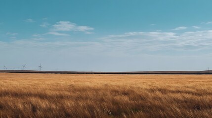 Fototapeta premium A vast and serene landscape of open fields under a bright blue sky with scattered white clouds