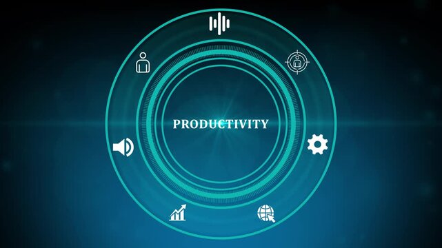Business productivity and workflow efficiency concept shown on a high-tech HUD screen with growth chart, optical light and innovation lightbulb icons.4k motion graphics video animation