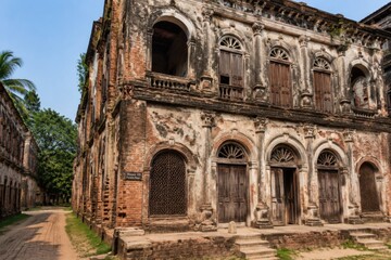 Fototapeta premium Dilapidated colonial mansion with crumbling brickwork and weathered wooden doors