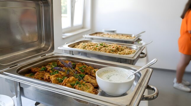 Gourmet buffet catering spread featuring fried chicken pieces with fresh herbs and creamy dip in stainless steel chafing dishes, accompanied by a rice dish in a professional event setting.