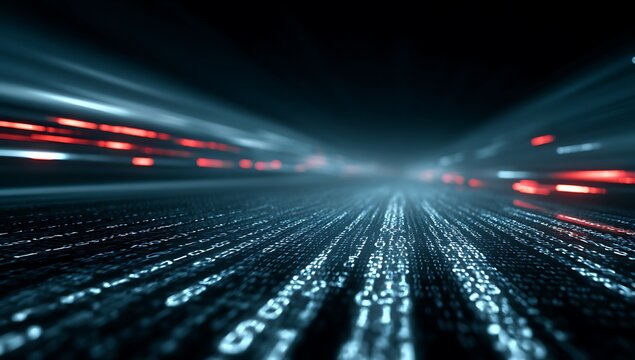 Abstract visualization of digital data streams flowing through a futuristic technological landscape, evoking speed and connectivity