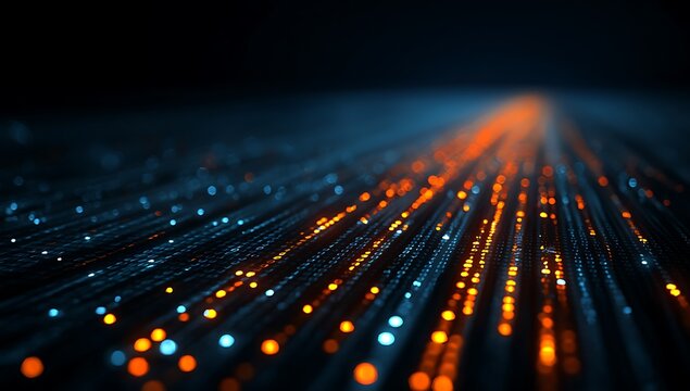 Abstract futuristic light streaks and particles, representing data flow and digital connection. The image conveys speed, technology, and the vastness of information in a dark, vibrant setting