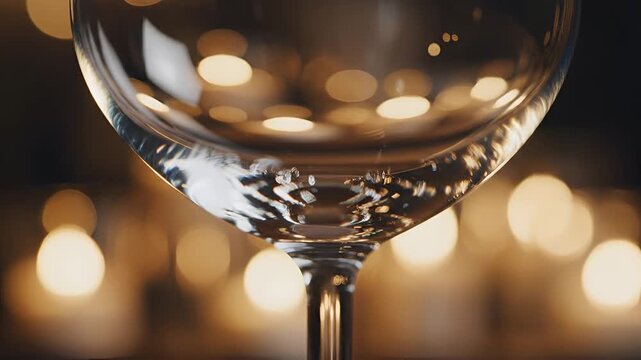 Closeup of a glass of white wine with bokeh lights in the background.