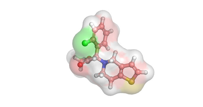 Clopidogrel, cardiovascular drug/P2Y12 adenosine diphosphate receptor antagonist and antiplatelet blood thinner, 3D molecule 4K
