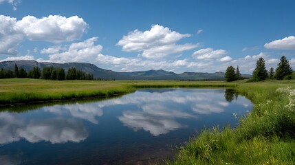 Fototapeta premium A vast scenic landscape featuring rolling green fields dense pine trees and a bright blue sky filled with white fluffy clouds