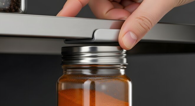 Hand sliding glass spice jar with red powder into magnetic holder mounted under a thin kitchen shelf.