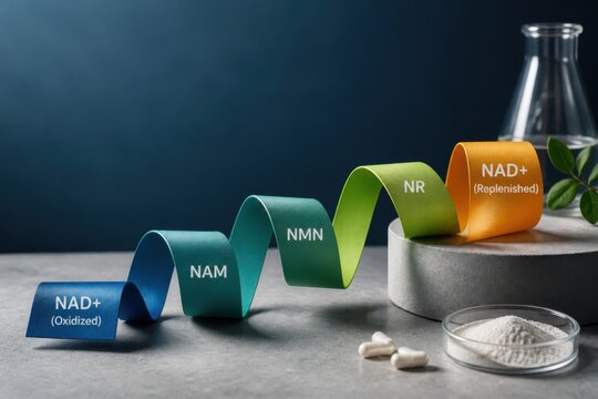 Conceptual NAD plus metabolic pathway with supplement ingredients on a dark studio background