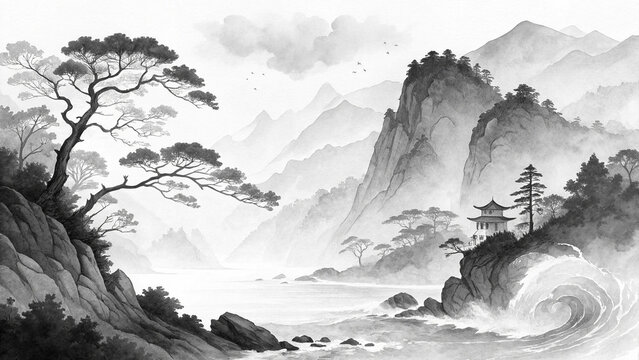 Traditional ink wash painting of a serene mountain landscape scene
